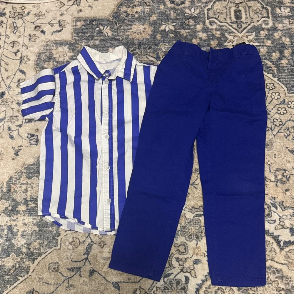 H&M Blue and White Striped Shirt with Royal Blue Pants Kids Matching Set